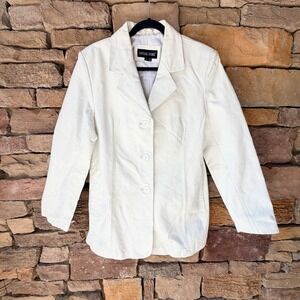 VTG 90's Oscar Piel Womens L White Genuine Leather Blazer Jacket Retro